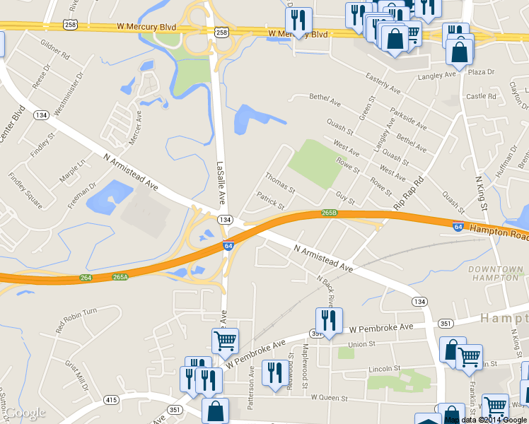 map of restaurants, bars, coffee shops, grocery stores, and more near 1309 Willnew Drive in Hampton