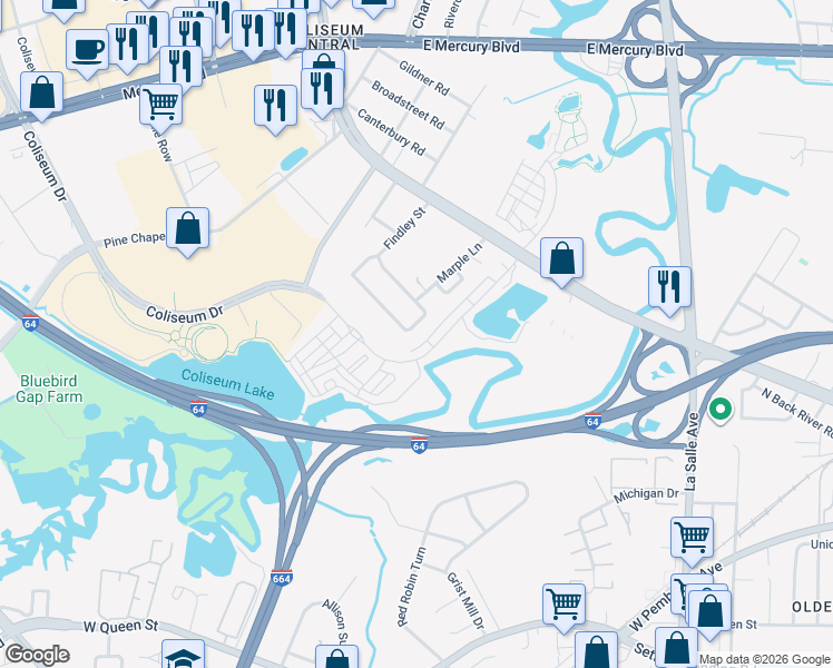 map of restaurants, bars, coffee shops, grocery stores, and more near 140 Findley Square in Hampton