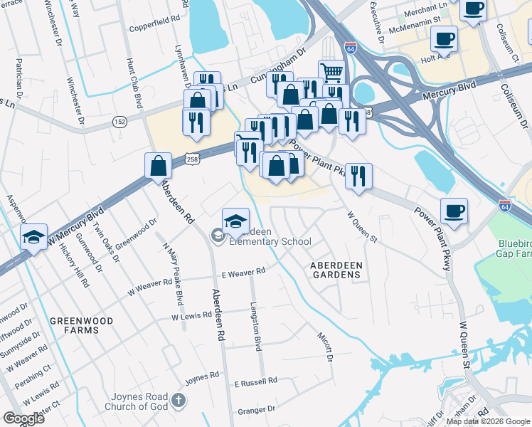 map of restaurants, bars, coffee shops, grocery stores, and more near 89 Jordan Drive in Hampton