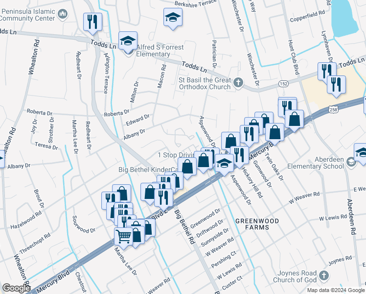 map of restaurants, bars, coffee shops, grocery stores, and more near 39 Lyford Key in Hampton