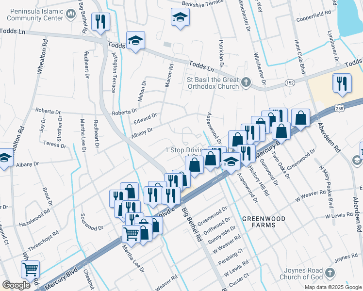 map of restaurants, bars, coffee shops, grocery stores, and more near 42 Lyford Key in Hampton