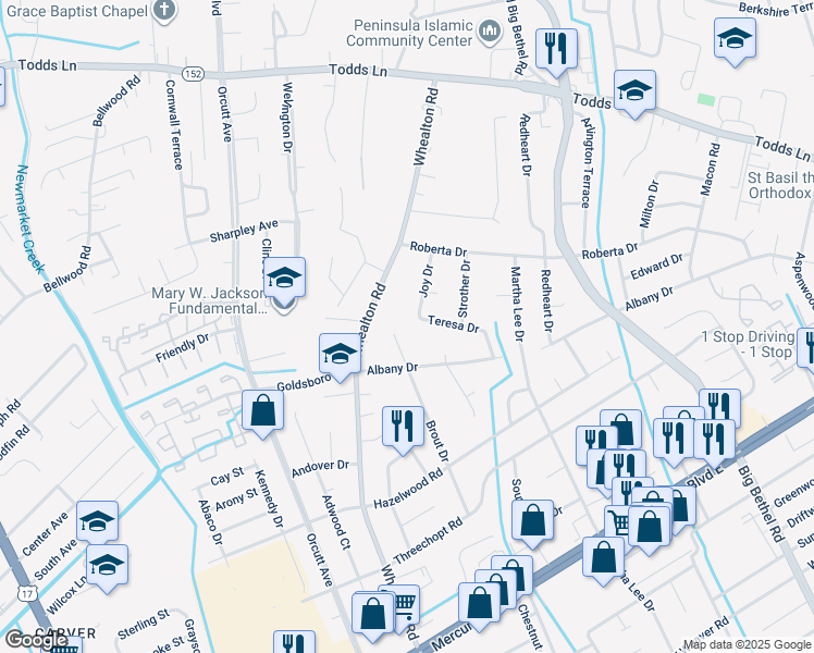 map of restaurants, bars, coffee shops, grocery stores, and more near 432 Gordon Court in Hampton