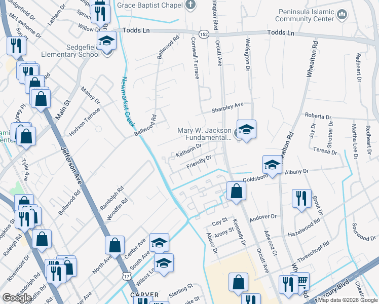 map of restaurants, bars, coffee shops, grocery stores, and more near 216a Kathann Drive in Hampton