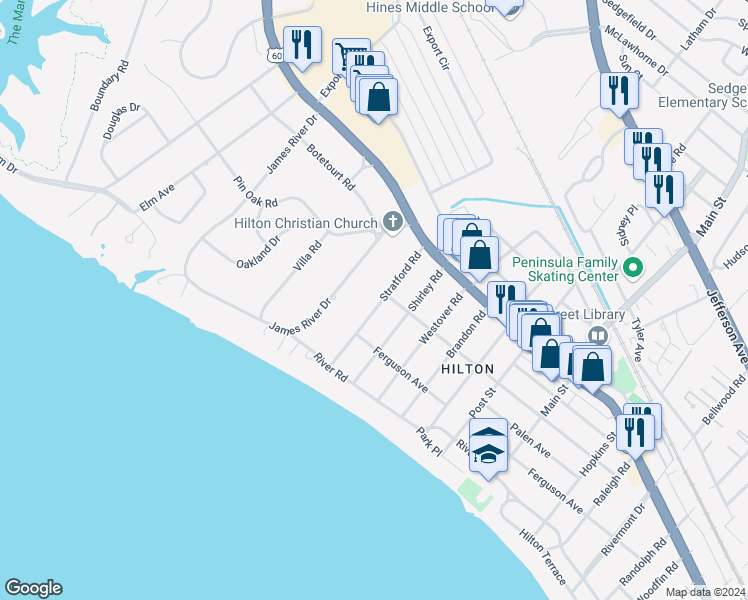 map of restaurants, bars, coffee shops, grocery stores, and more near 27 Stratford Road in Newport News