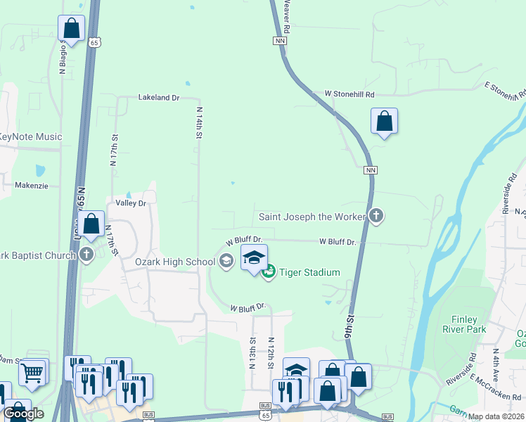 map of restaurants, bars, coffee shops, grocery stores, and more near 1202 West Paddlewheel Drive in Ozark