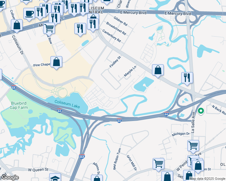 map of restaurants, bars, coffee shops, grocery stores, and more near 140 Findley Square in Hampton