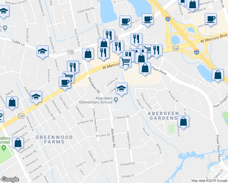 map of restaurants, bars, coffee shops, grocery stores, and more near 14 East Walker Road in Hampton