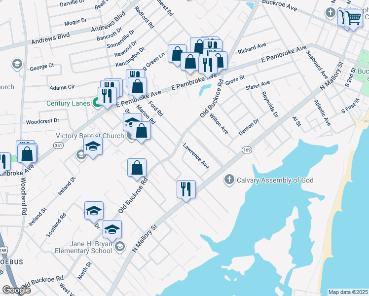map of restaurants, bars, coffee shops, grocery stores, and more near 6 Lawrence Avenue in Hampton