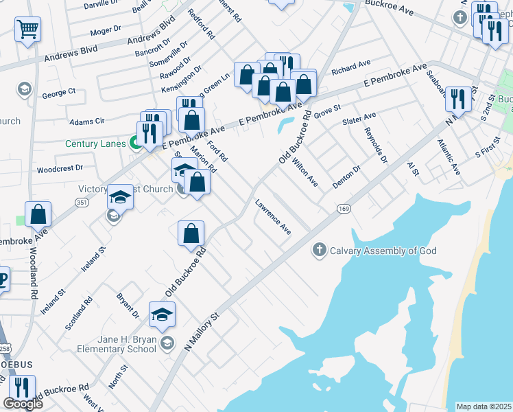 map of restaurants, bars, coffee shops, grocery stores, and more near 6 Lawrence Avenue in Hampton