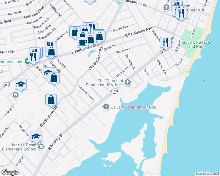 map of restaurants, bars, coffee shops, grocery stores, and more near 306 Darby Avenue in Hampton