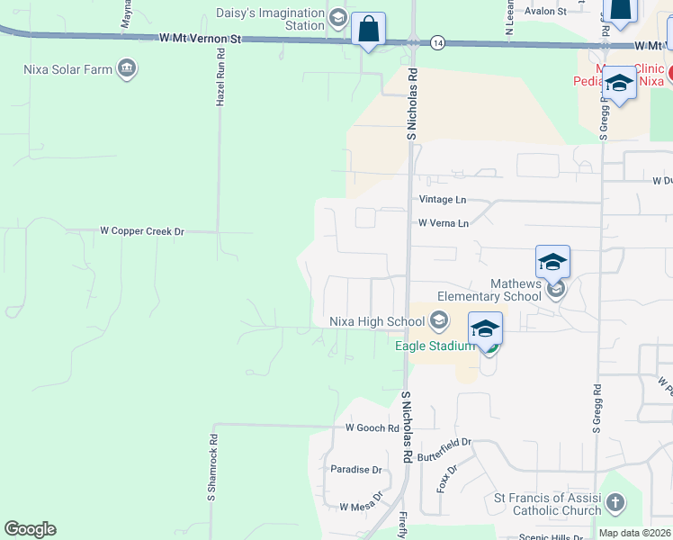 map of restaurants, bars, coffee shops, grocery stores, and more near 1317 Woodcastle Road in Nixa