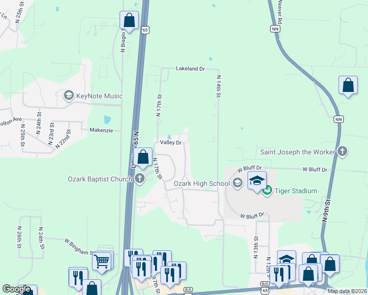 map of restaurants, bars, coffee shops, grocery stores, and more near 1709 North 16th Street in Ozark