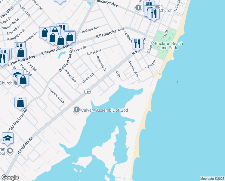 map of restaurants, bars, coffee shops, grocery stores, and more near 17 Seaview Drive in Hampton