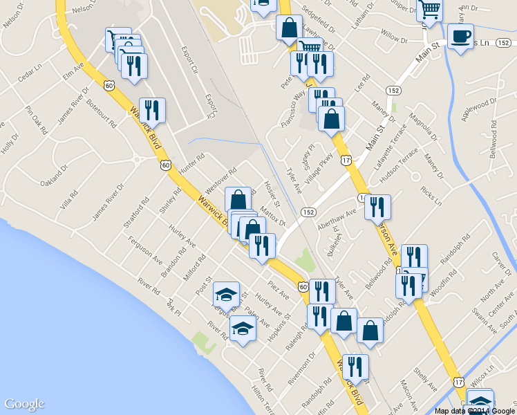 map of restaurants, bars, coffee shops, grocery stores, and more near 123 Post Street in Newport News