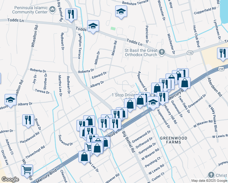 map of restaurants, bars, coffee shops, grocery stores, and more near 2904 Threechopt Road in Hampton