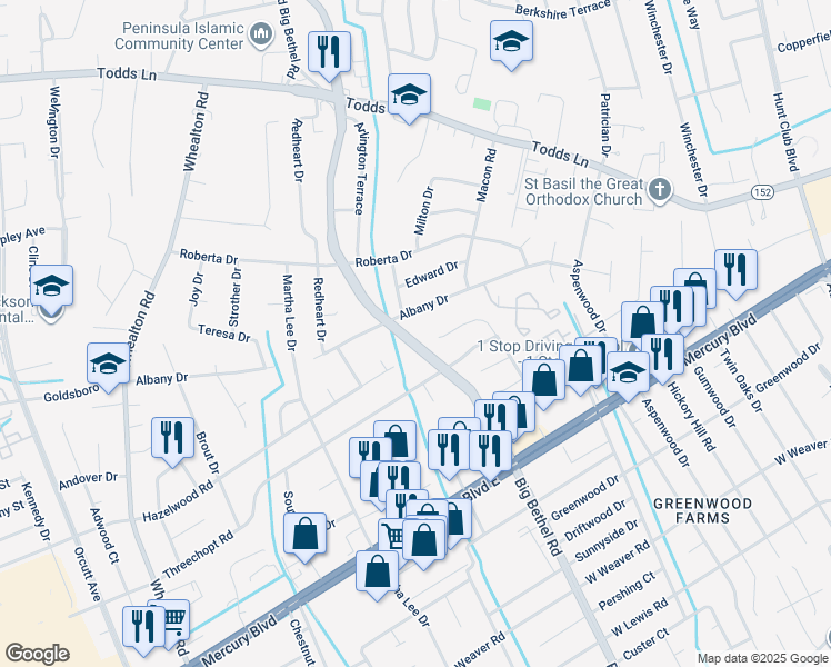 map of restaurants, bars, coffee shops, grocery stores, and more near 514 Big Bethel Road in Hampton