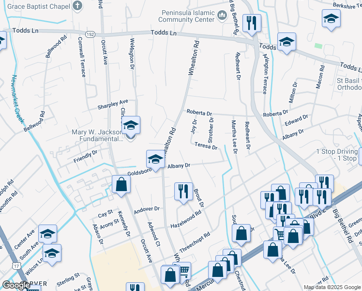 map of restaurants, bars, coffee shops, grocery stores, and more near 432 Gordon Court in Hampton