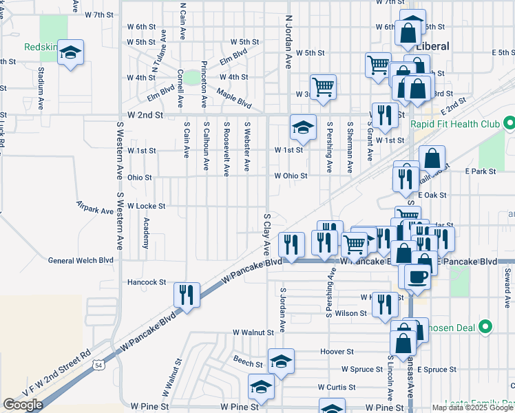map of restaurants, bars, coffee shops, grocery stores, and more near Locke Street in Liberal