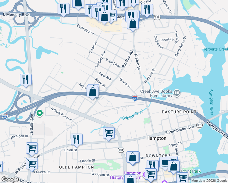 map of restaurants, bars, coffee shops, grocery stores, and more near 940 Spring Street in Hampton