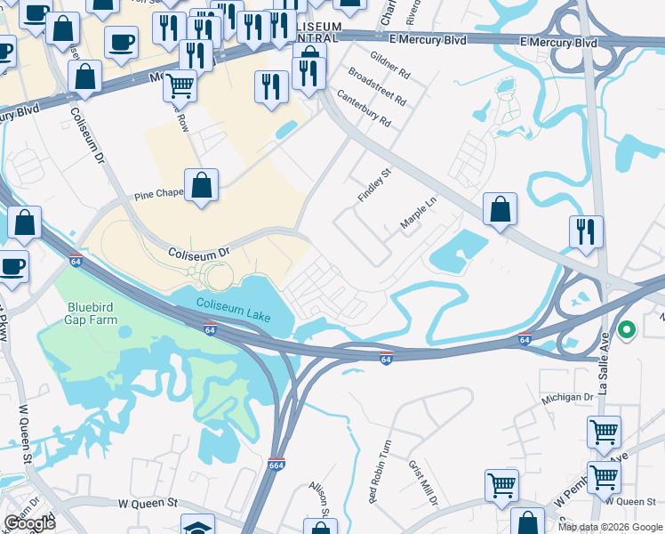 map of restaurants, bars, coffee shops, grocery stores, and more near 117 Freeman Drive in Hampton