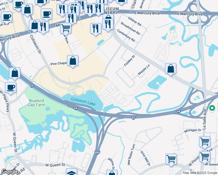 map of restaurants, bars, coffee shops, grocery stores, and more near 205 Waterside Drive in Hampton