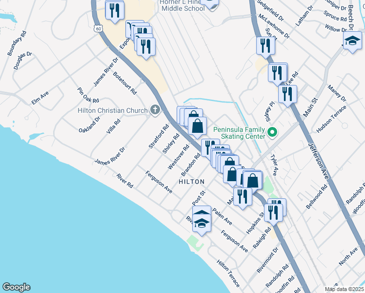 map of restaurants, bars, coffee shops, grocery stores, and more near 47 Westover Road in Newport News