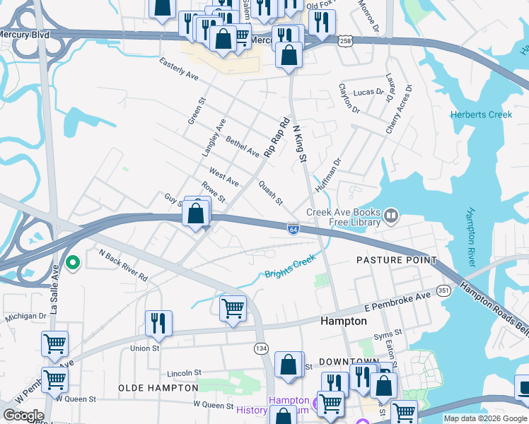 map of restaurants, bars, coffee shops, grocery stores, and more near 920 Mason Street in Hampton