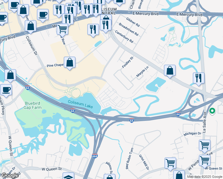 map of restaurants, bars, coffee shops, grocery stores, and more near 603 Freeman Drive in Hampton