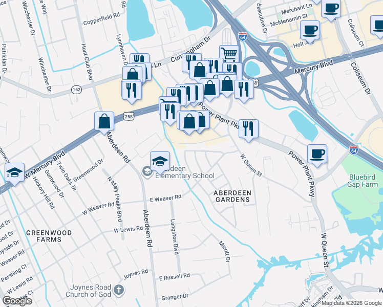 map of restaurants, bars, coffee shops, grocery stores, and more near 89 Jordan Drive in Hampton