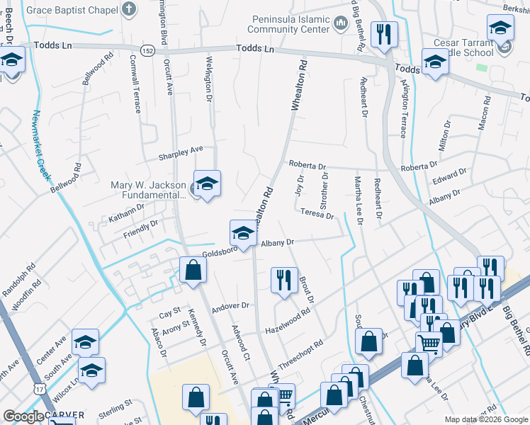 map of restaurants, bars, coffee shops, grocery stores, and more near 430 Whealton Road in Hampton