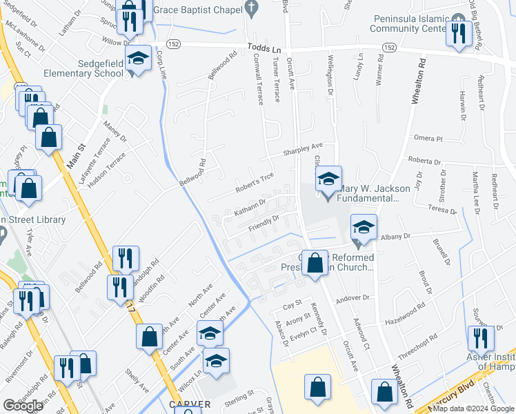 map of restaurants, bars, coffee shops, grocery stores, and more near 153A Kathann Drive in Hampton