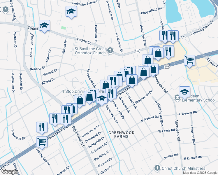 map of restaurants, bars, coffee shops, grocery stores, and more near 2905 Butternut Drive in Hampton