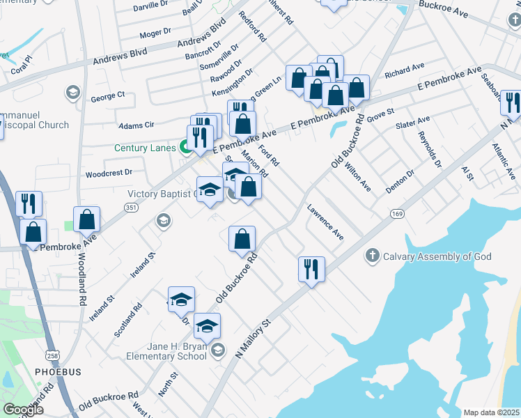 map of restaurants, bars, coffee shops, grocery stores, and more near 424 Shelton Road in Hampton