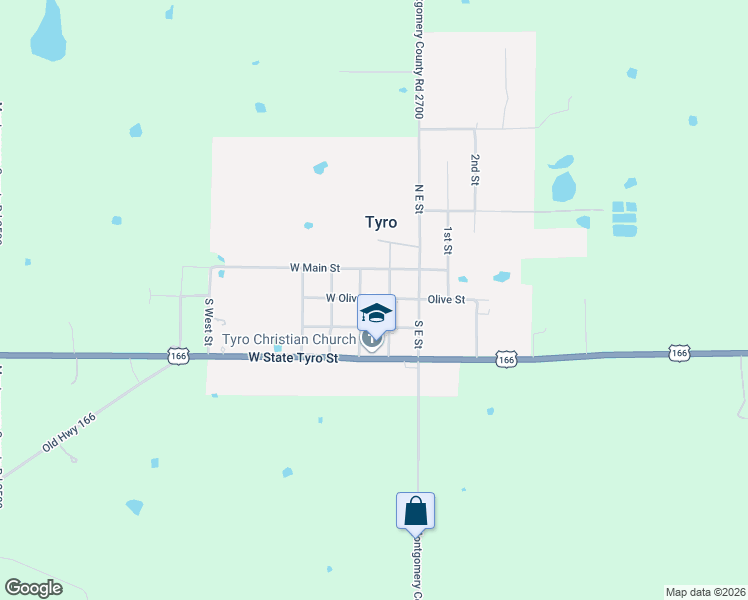 map of restaurants, bars, coffee shops, grocery stores, and more near 219-299 West Olive Street in Tyro