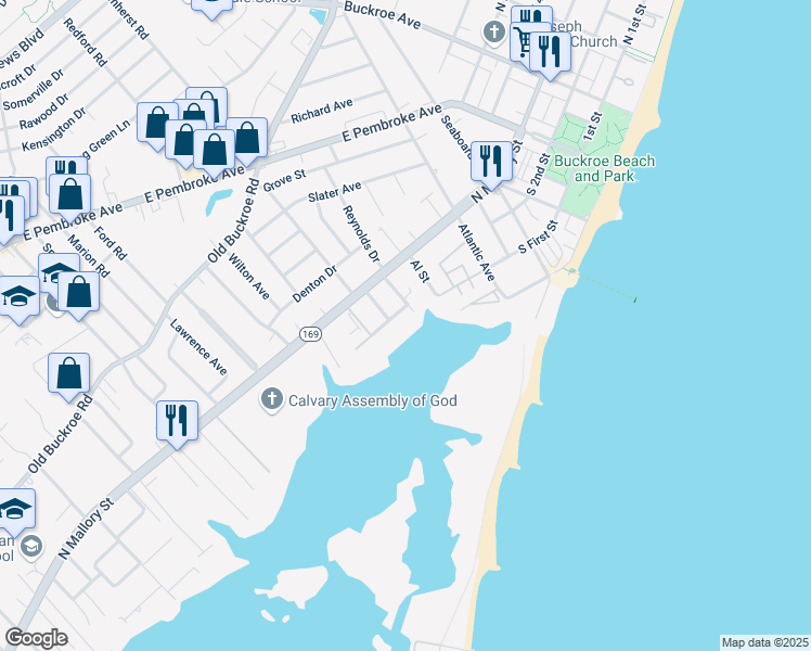 map of restaurants, bars, coffee shops, grocery stores, and more near 15 Seaview Drive in Hampton