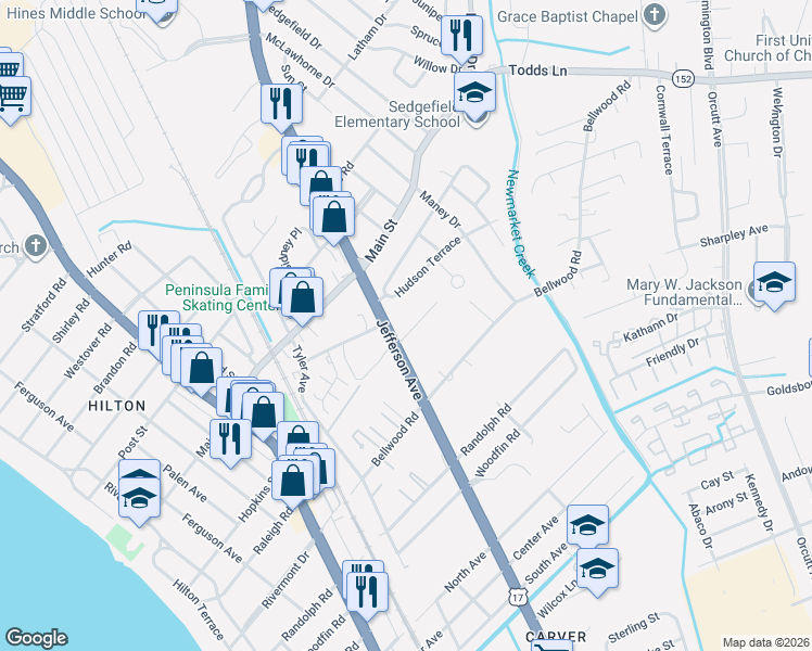 map of restaurants, bars, coffee shops, grocery stores, and more near 603 Warwickshire Court in Newport News