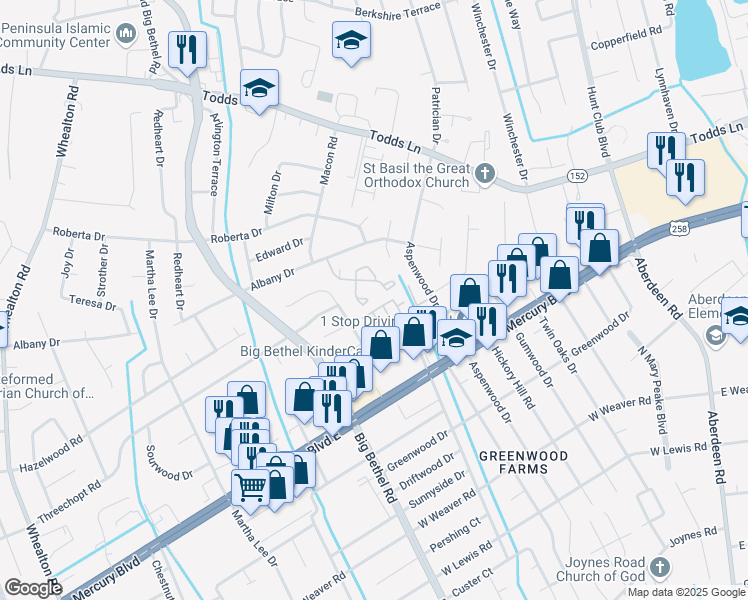map of restaurants, bars, coffee shops, grocery stores, and more near 33 Lyford Key in Hampton