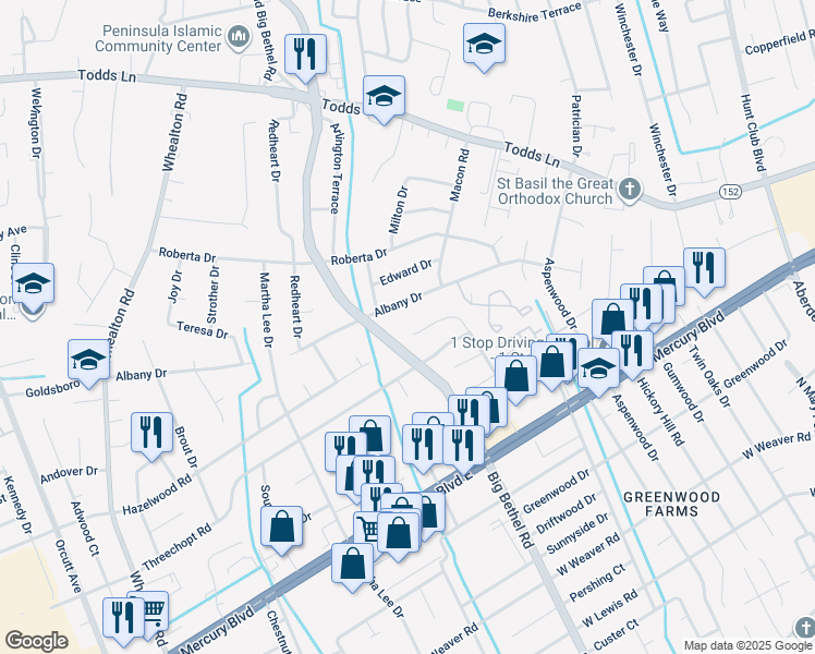 map of restaurants, bars, coffee shops, grocery stores, and more near 686 Hollomon Drive in Hampton