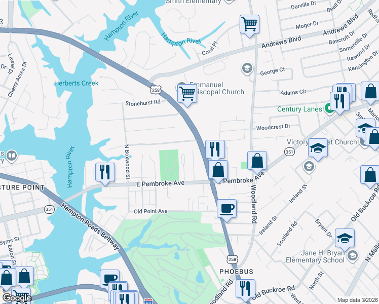 map of restaurants, bars, coffee shops, grocery stores, and more near 1115 East Pembroke Avenue in Hampton