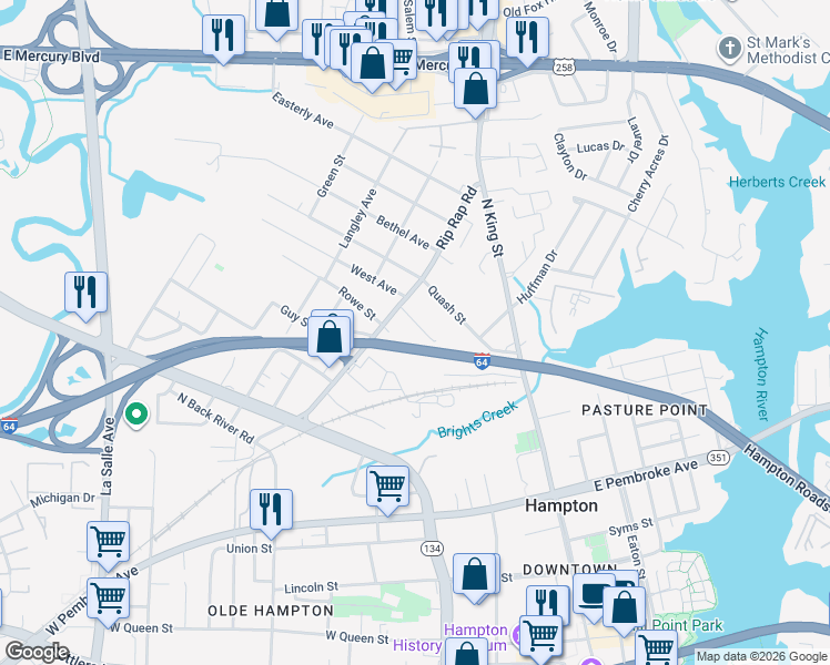 map of restaurants, bars, coffee shops, grocery stores, and more near 940 Spring Street in Hampton