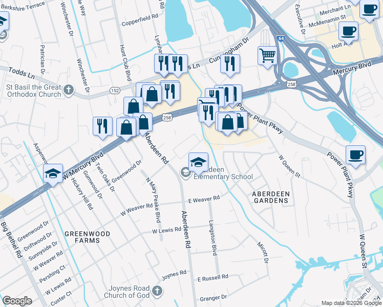map of restaurants, bars, coffee shops, grocery stores, and more near 14 East Walker Road in Hampton