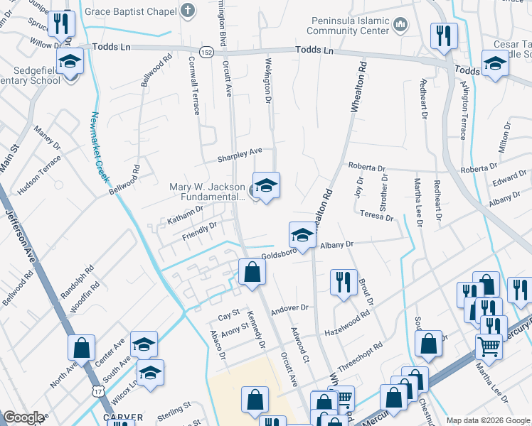 map of restaurants, bars, coffee shops, grocery stores, and more near 113 Wellington Drive in Hampton