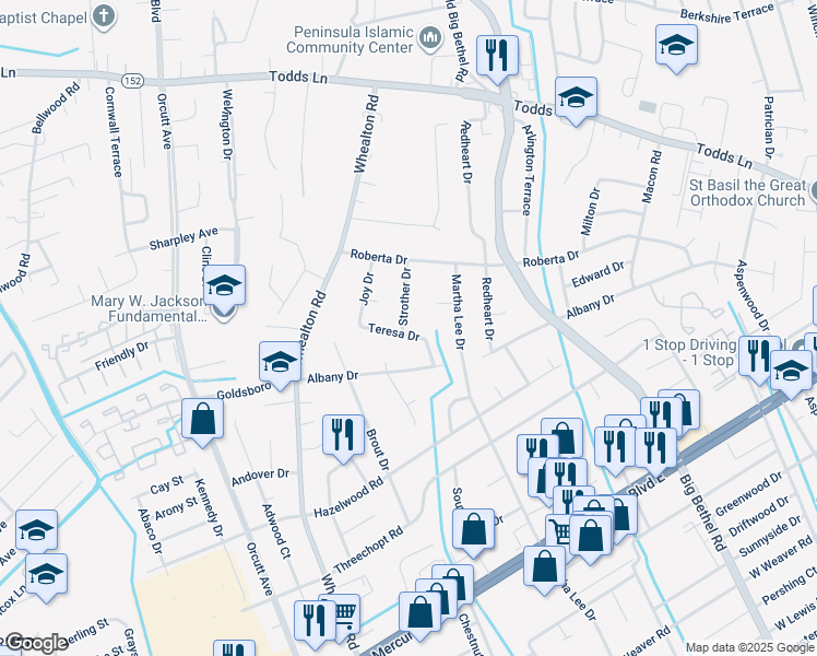 map of restaurants, bars, coffee shops, grocery stores, and more near 21 Teresa Drive in Hampton