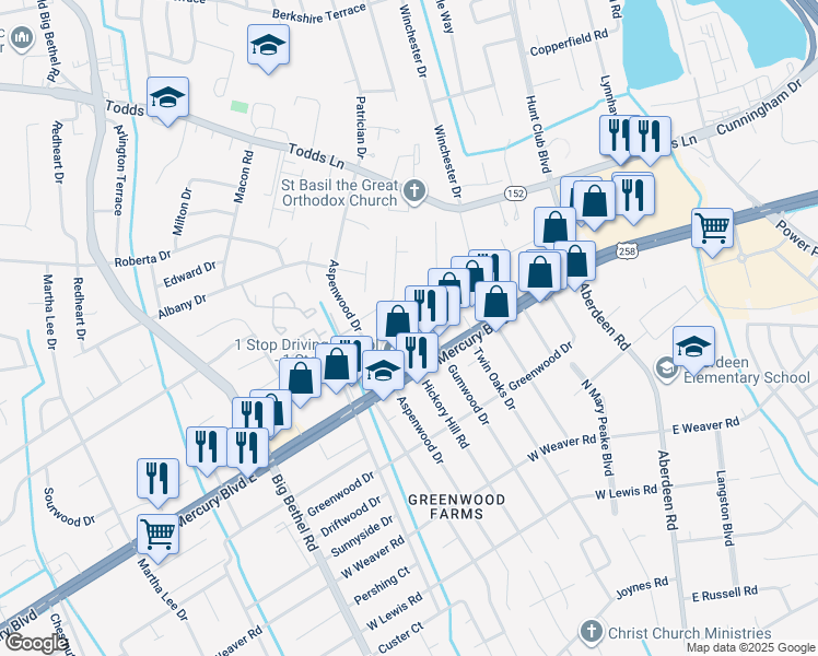 map of restaurants, bars, coffee shops, grocery stores, and more near 2905 Butternut Drive in Hampton