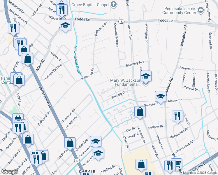 map of restaurants, bars, coffee shops, grocery stores, and more near 216a Kathann Drive in Hampton