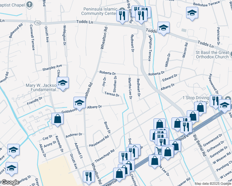 map of restaurants, bars, coffee shops, grocery stores, and more near 21 Teresa Drive in Hampton
