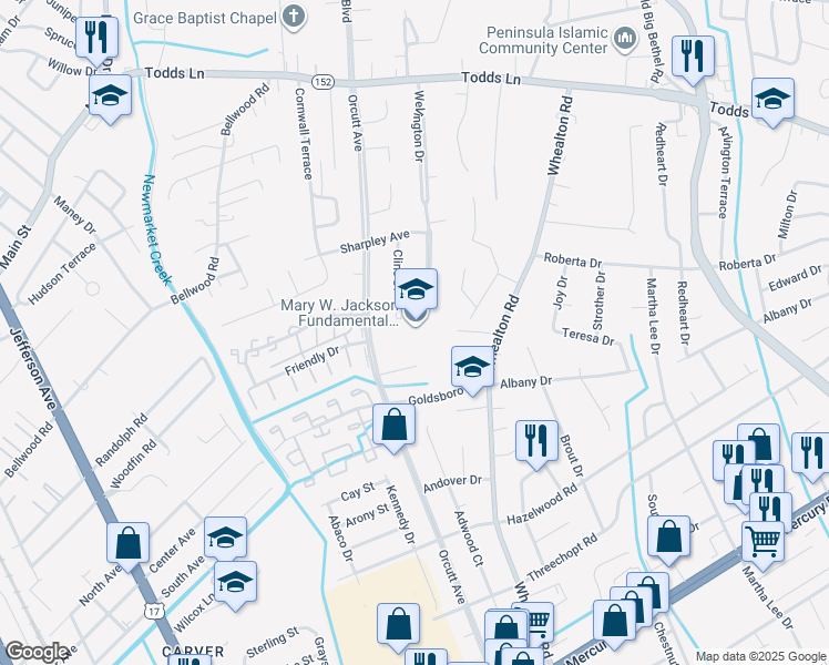 map of restaurants, bars, coffee shops, grocery stores, and more near 113 Wellington Drive in Hampton