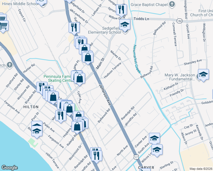 map of restaurants, bars, coffee shops, grocery stores, and more near 603 Warwickshire Court in Newport News