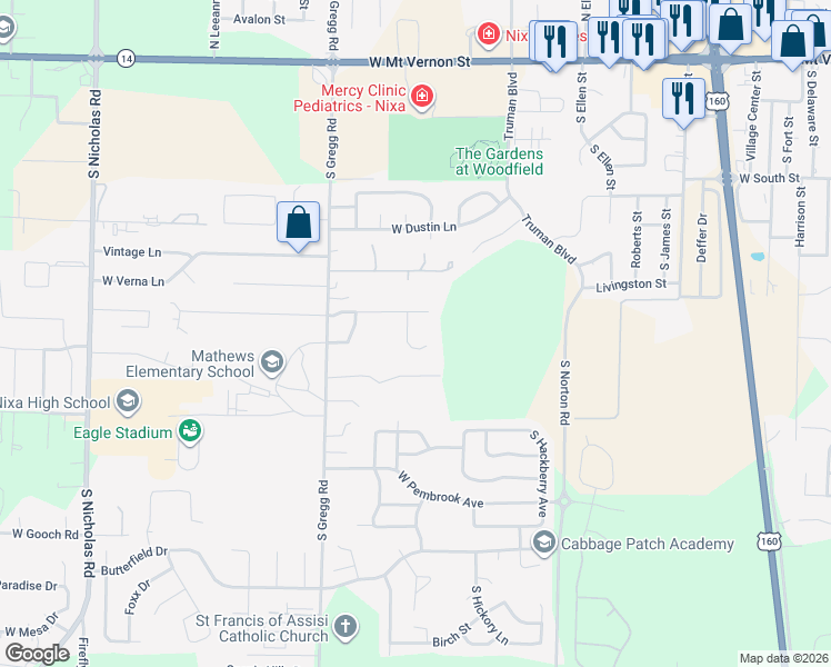 map of restaurants, bars, coffee shops, grocery stores, and more near Jake Flood Cir in Nixa