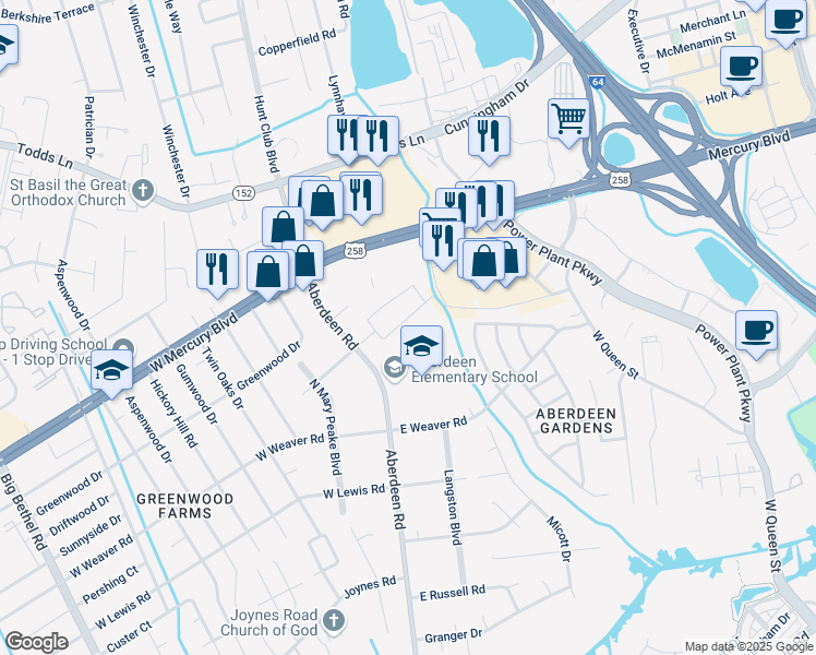 map of restaurants, bars, coffee shops, grocery stores, and more near 14 East Walker Road in Hampton